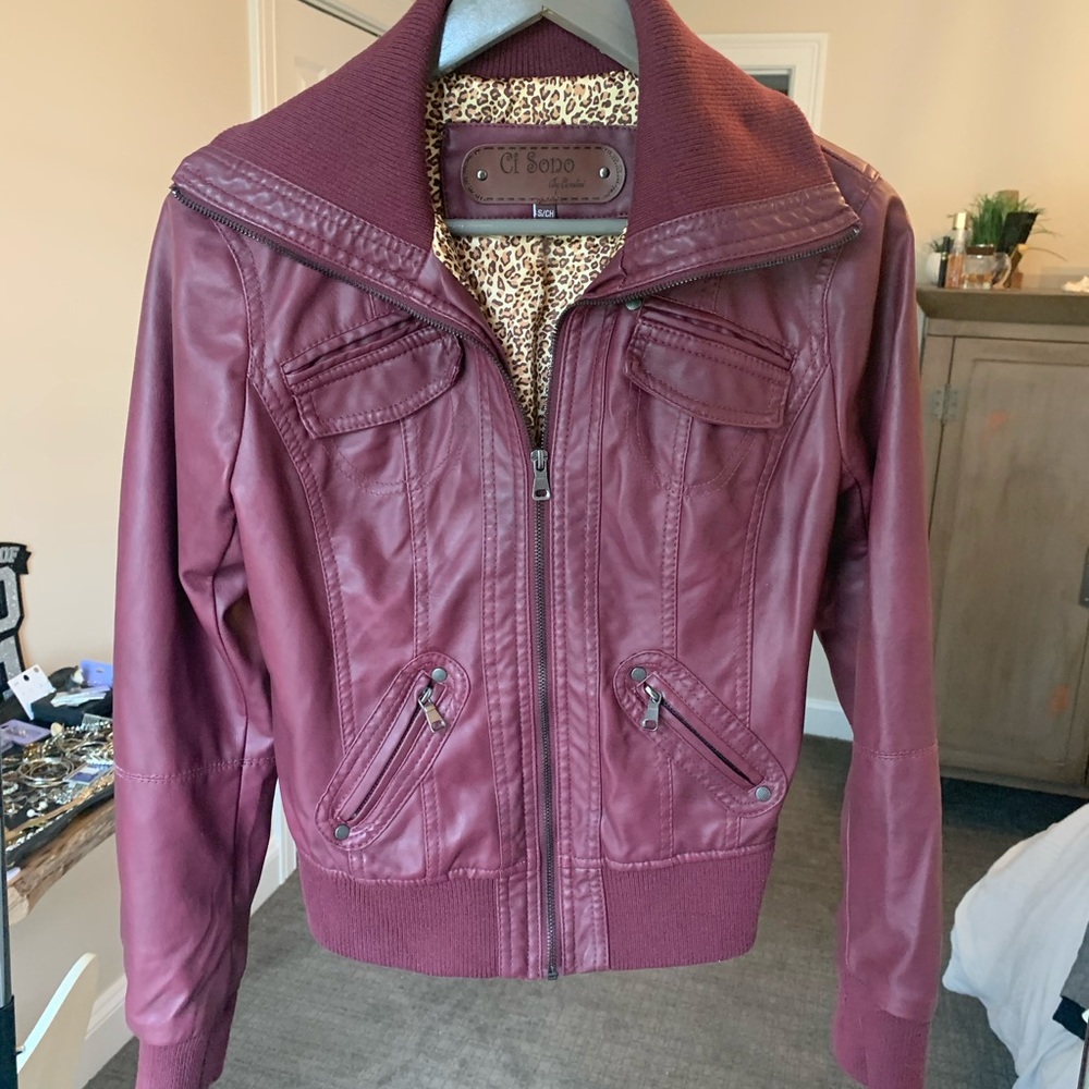 maroon leather jacket with ribbed collar & cuffs